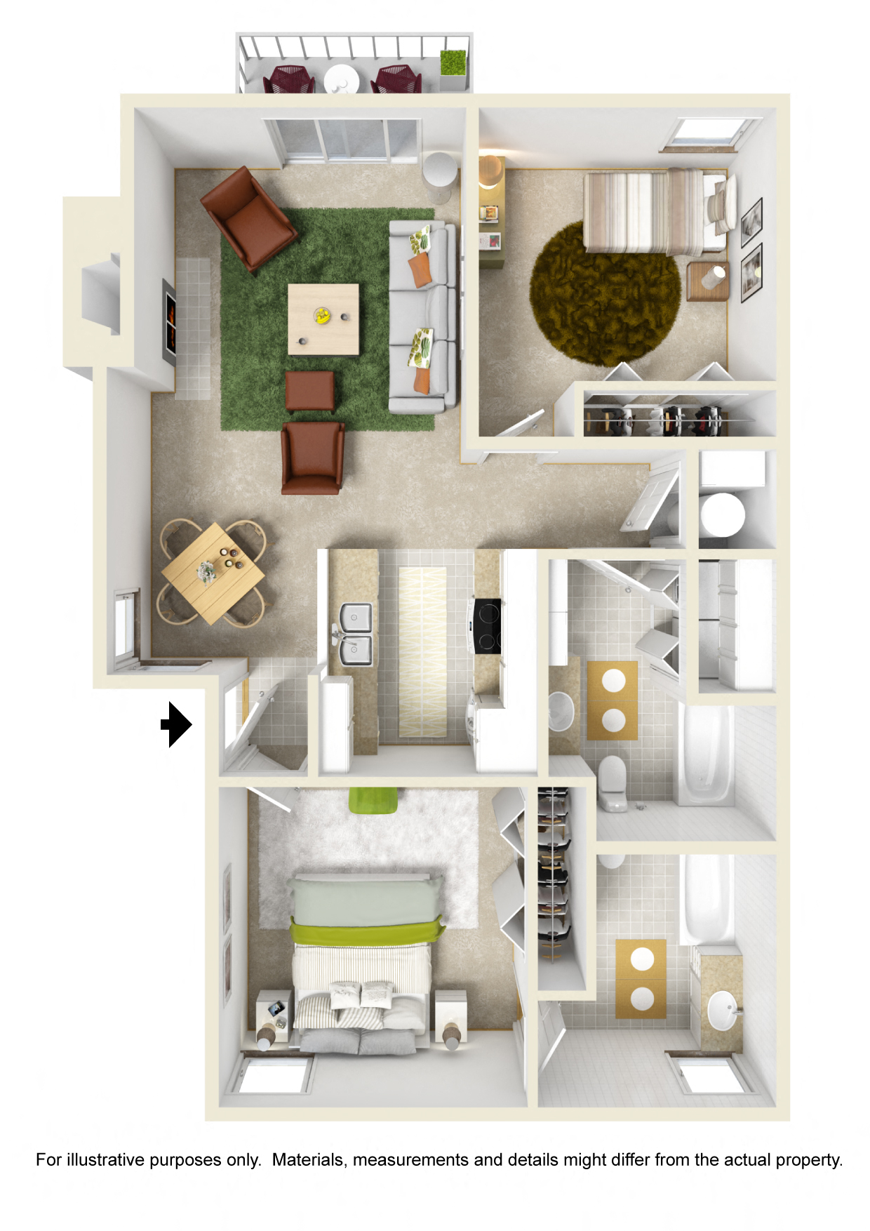 Floor plan for 2 beds, 2 baths, 897 sqft